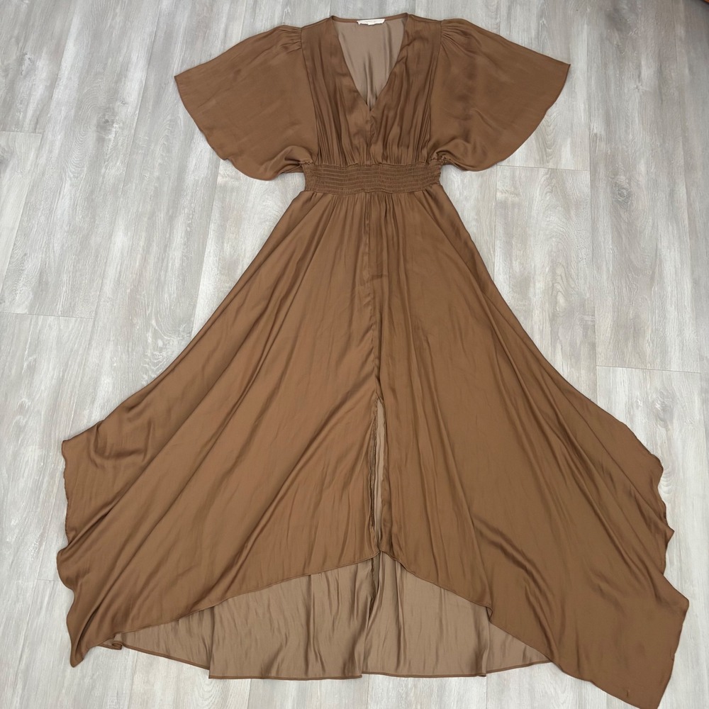 Grade & Gather Brown Satin Flutter Sleeve Smocked High Low Maxi Dress Large